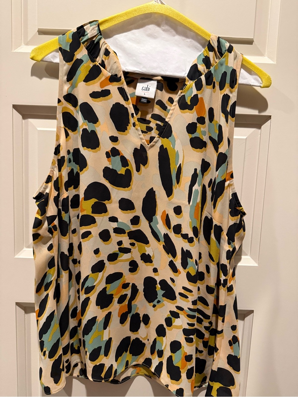 CAbi V-Neck Sleeveless Camisole in Beige with Black, Teal & Mustard Spots